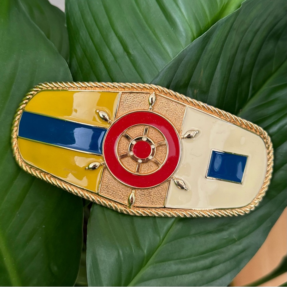 Vintage Nautical Gold Plated Enamel Belt Buckle Ship Wheel Helm Newport
